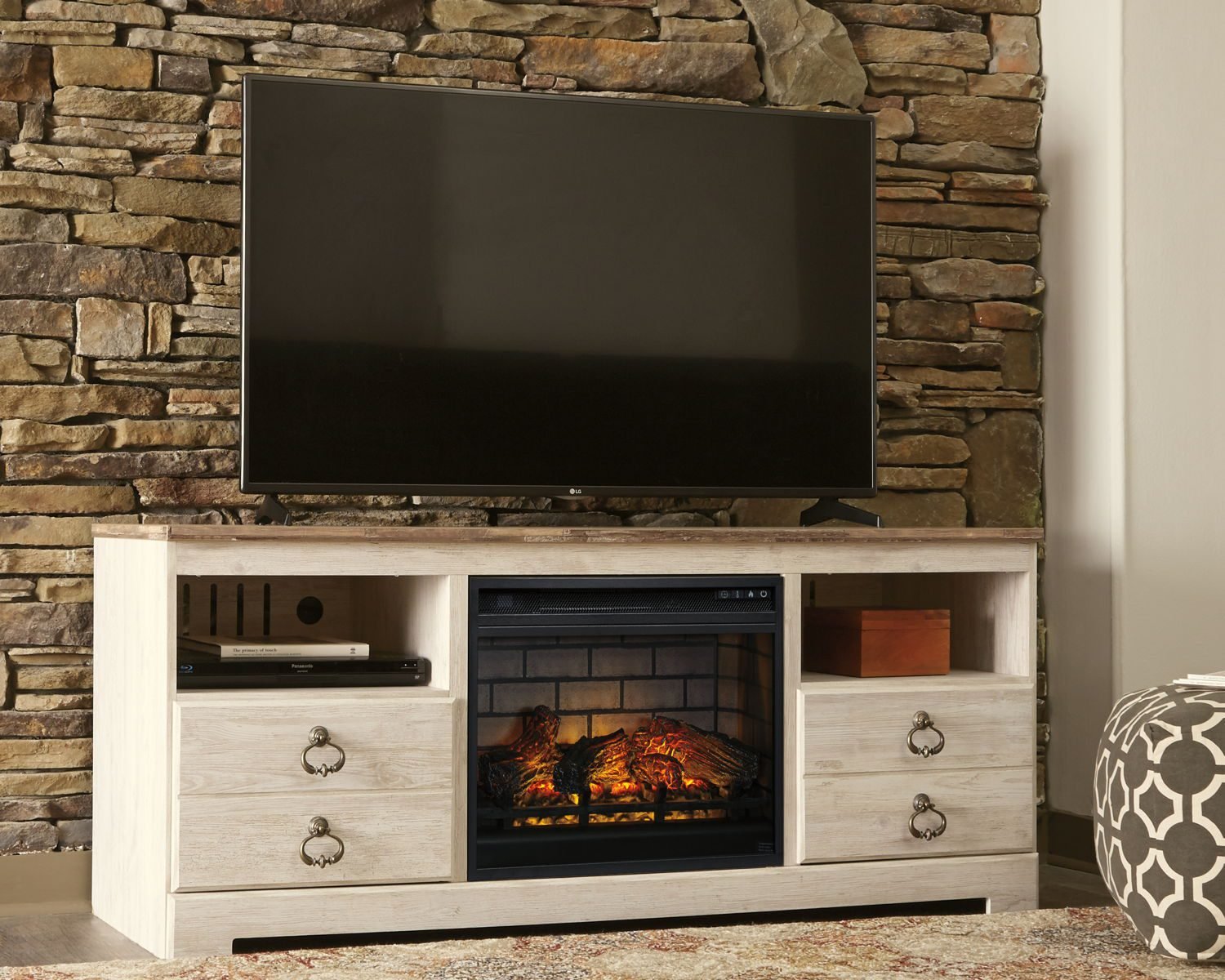 Willowton - 2 Pc. - 64" TV Stand With Faux Firebrick Fireplace Insert - Whitewash - Image 3