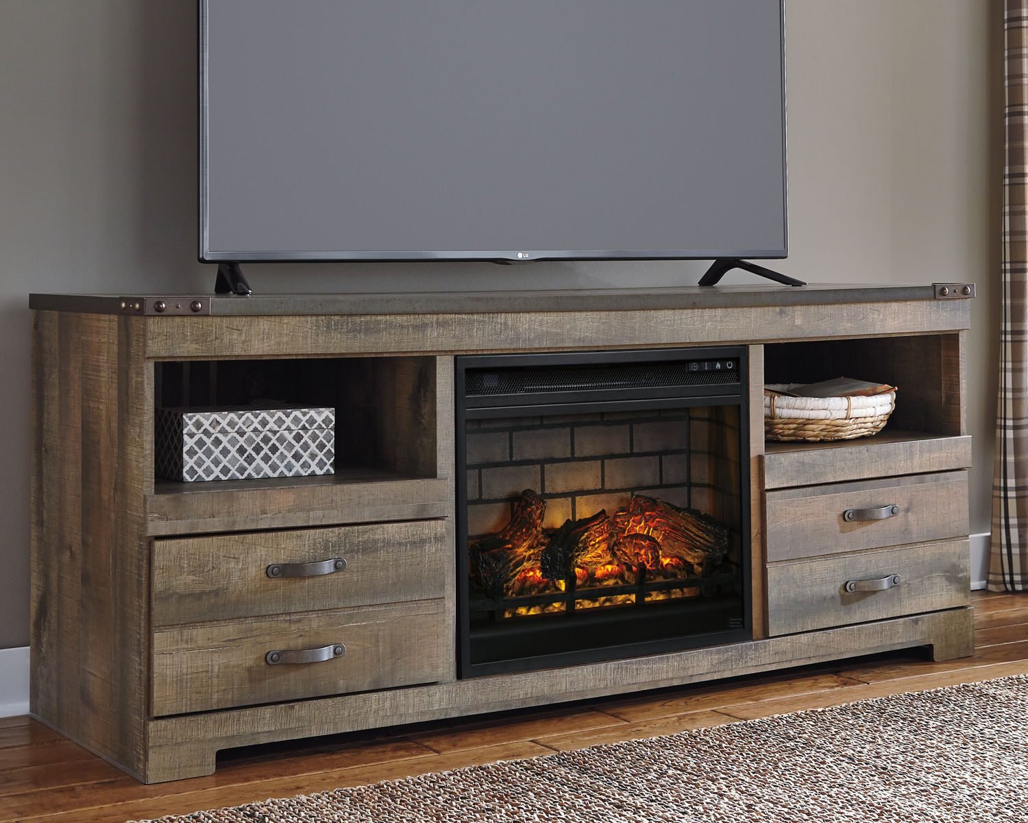 Trinell - 63" TV Stand With Glass/Stone Fireplace Insert - Brown - Image 2