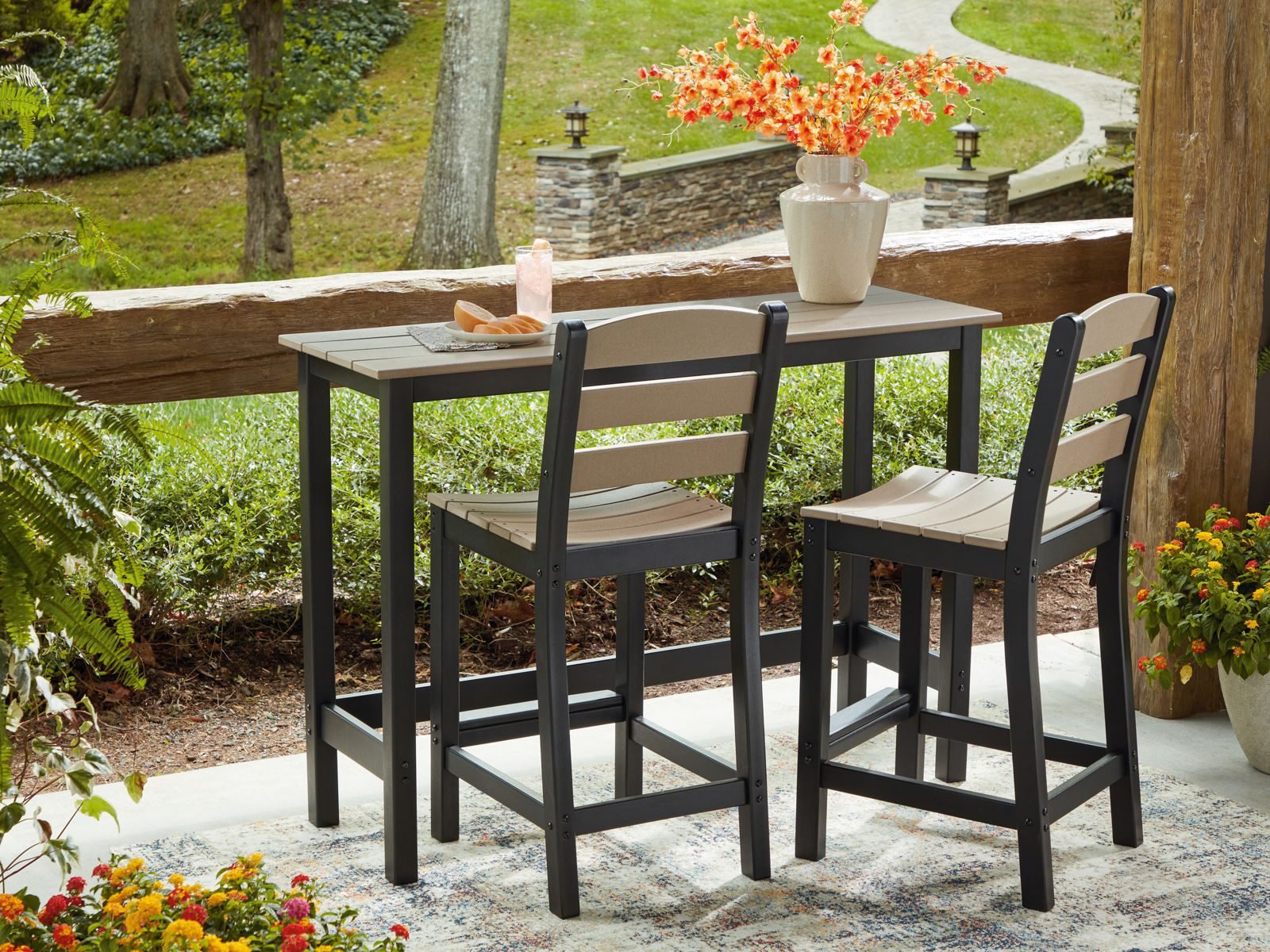 Shoreline Beach - Outdoor Counter Table And 2 Barstools (Set of 3) - Black / Beige - Image 4
