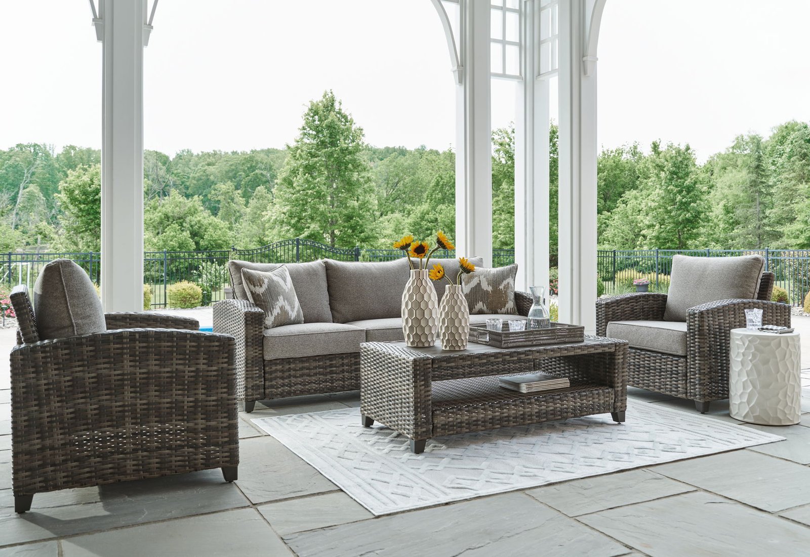 Oasis Court - Sofa, Chairs, Table Set (Set of 4) - Gray - Image 2