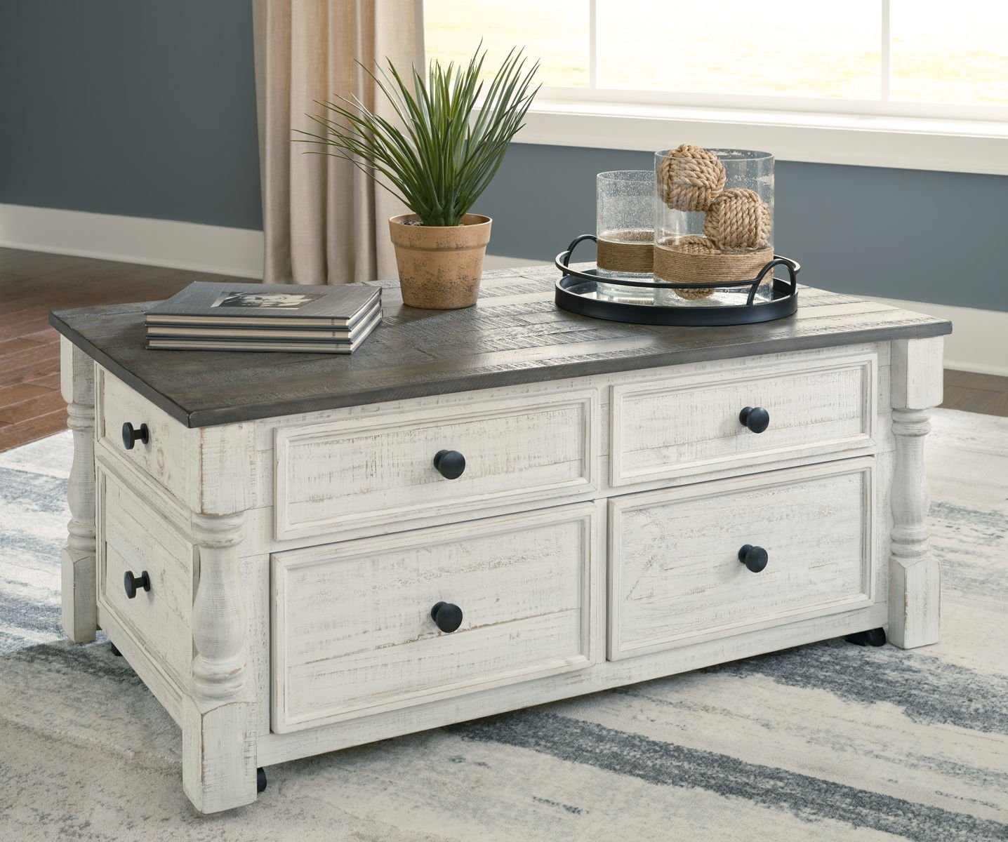Havalance - Lift Top Cocktail Table with Storage Drawers - White / Gray - Image 2