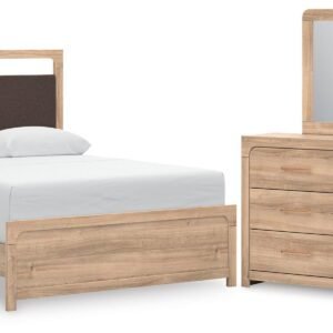 Kinlanni - 3 Pc. - Queen Upholstered Panel Bed With Roll Slats, Dresser And Mirror - Tan