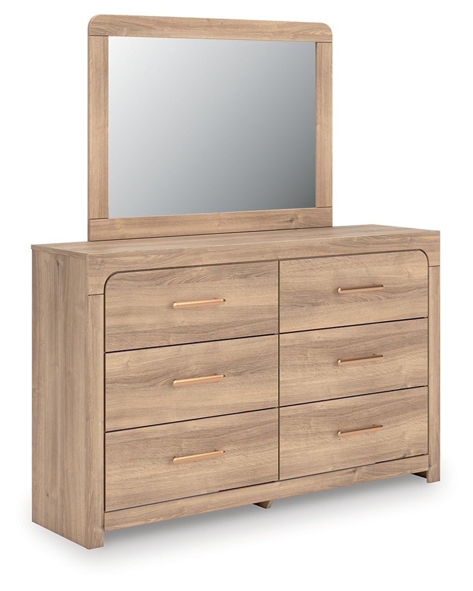 Kinlanni - 3 Pc. - Queen Upholstered Panel Bed With Roll Slats, Dresser And Mirror - Tan - Image 4