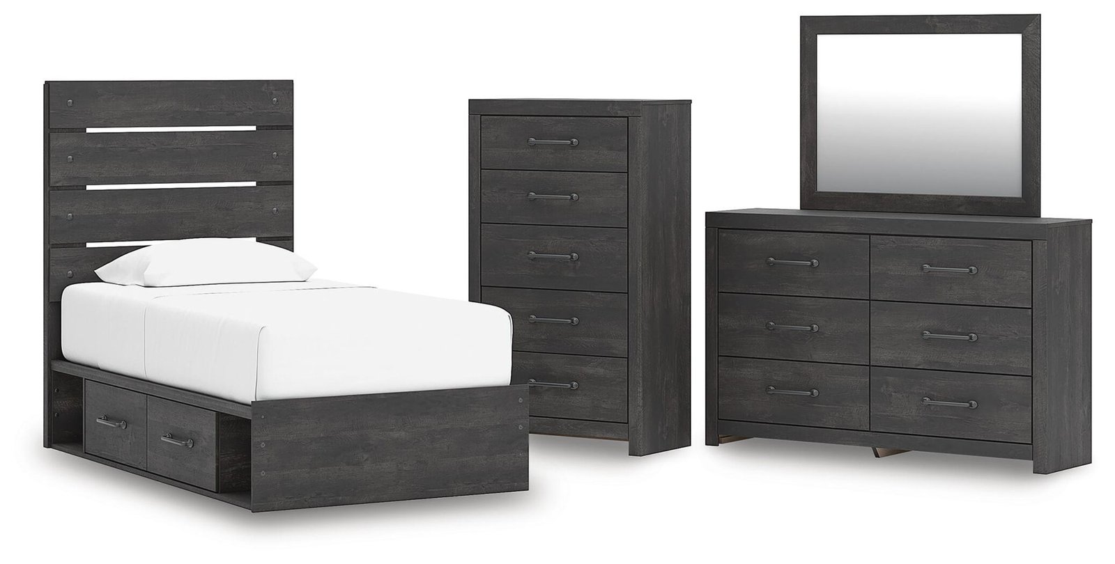 Hollivern - 4 Pc. - Twin Panel Storage Bed, Dresser, Mirror And Chest - Dark Gray