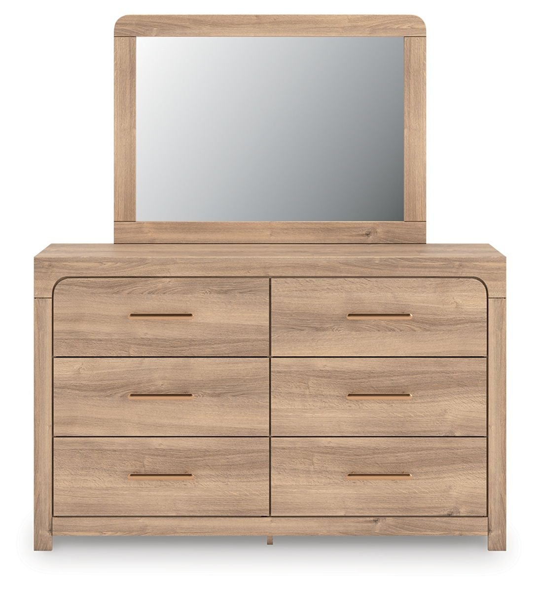 Kinlanni - 3 Pc. - Queen Upholstered Panel Bed With Roll Slats, Dresser And Mirror - Tan - Image 2