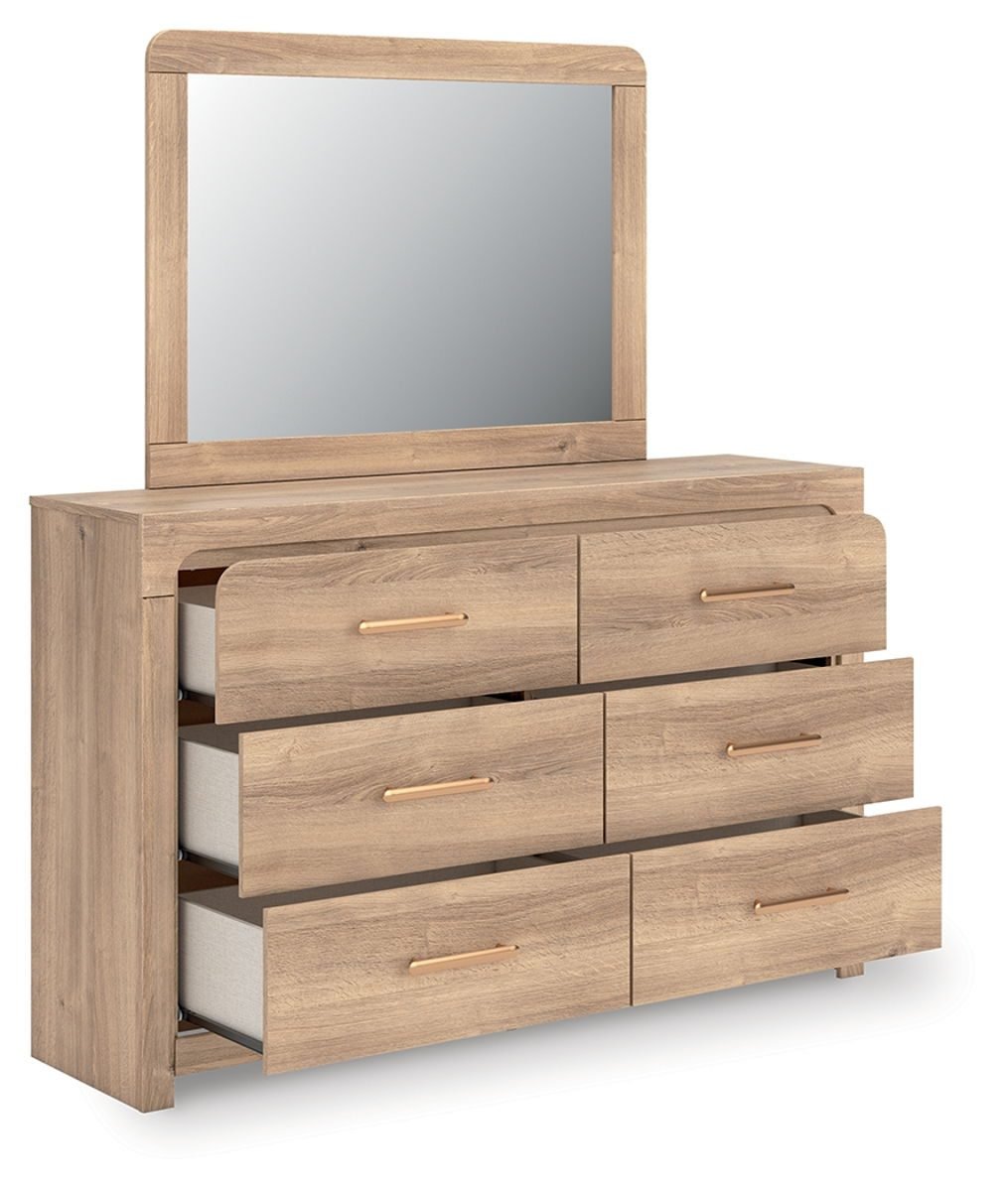 Kinlanni - 3 Pc. - Queen Upholstered Panel Bed With Roll Slats, Dresser And Mirror - Tan - Image 3